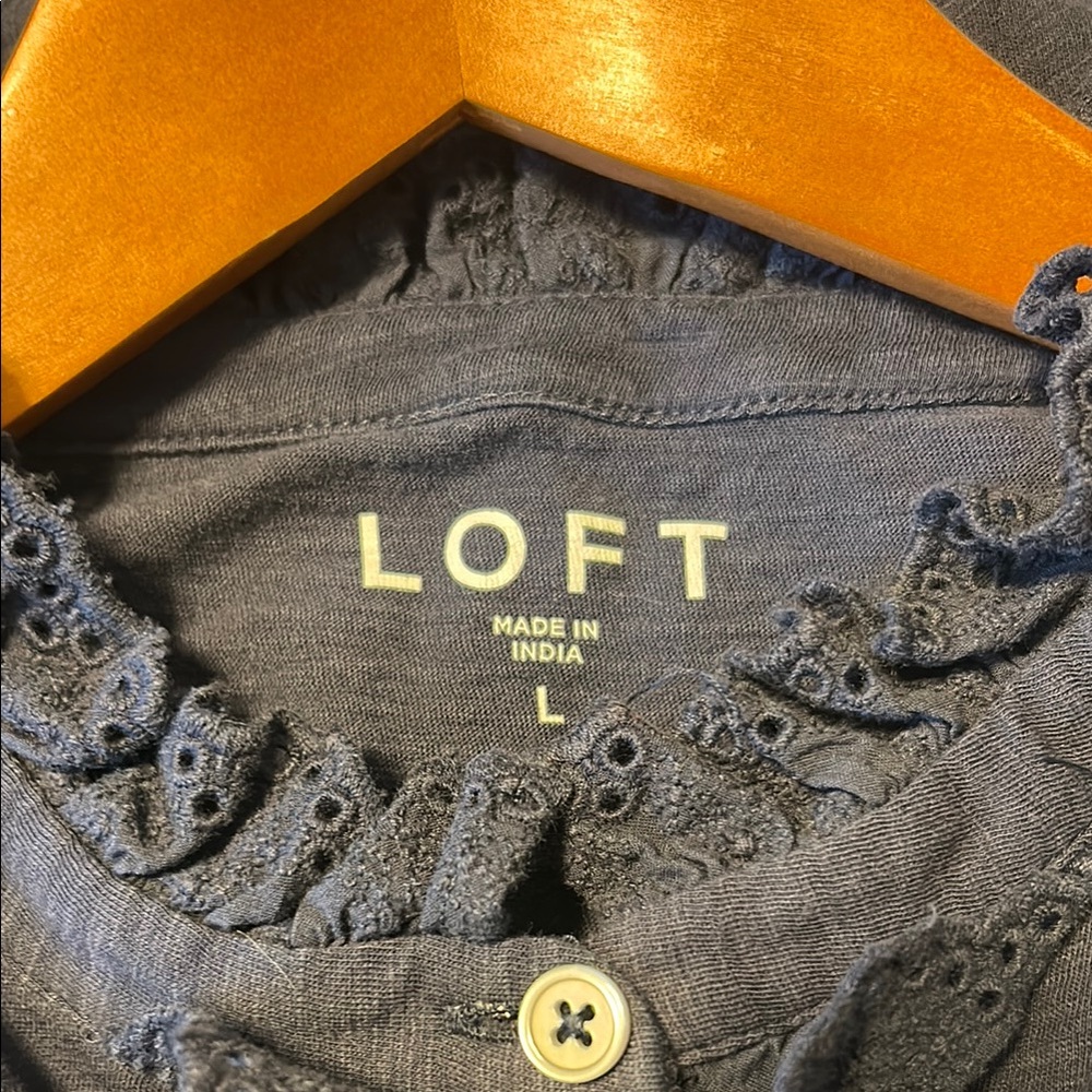 LOFT Navy Knit Ruffle Blouse - Picture 2 of 4